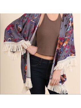 Fringed Floral Kimono Jacket in Slate Purple